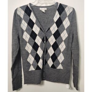 Tweeds‎ 100% Merino Wool Argyle Cardigan Button V-Neck Sweater Gray Black Medium